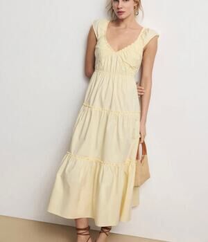 Derek Lam Yellow Tiered Ruffle Midi Dress Size 2 Cotton Cottage Designer $420